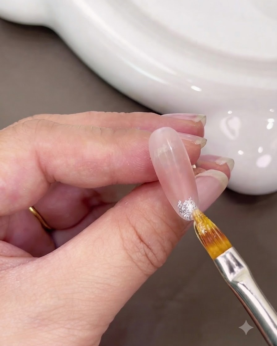 Un pinceau propre étirant le gel pailleté blanc vers larrière depuis le bout de longle.