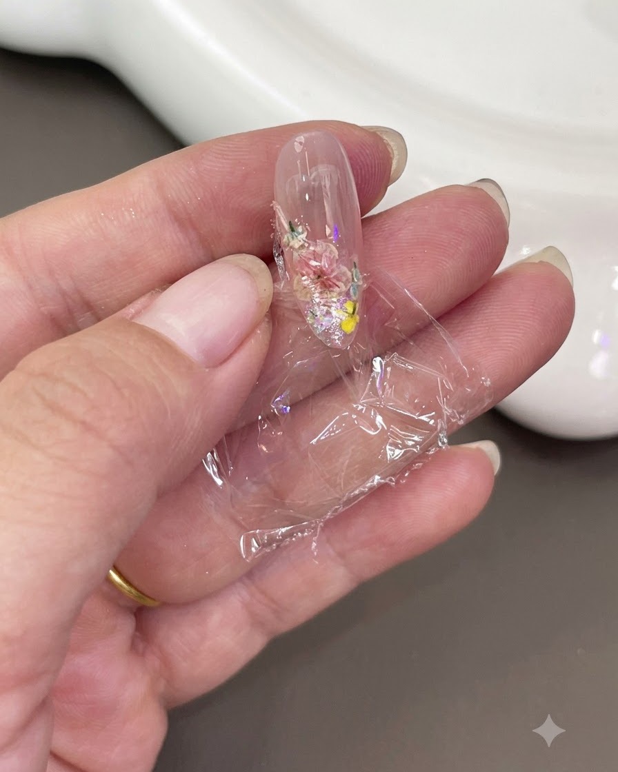 Une main tenant un morceau de film plastique transparent pressé fermement sur longle décoré.