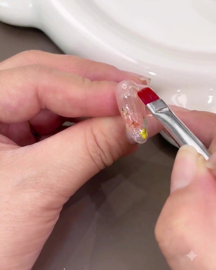 Un pinceau à ongles appliquant une couche épaisse de gel de construction transparent sur le nail art de fleurs séchées.