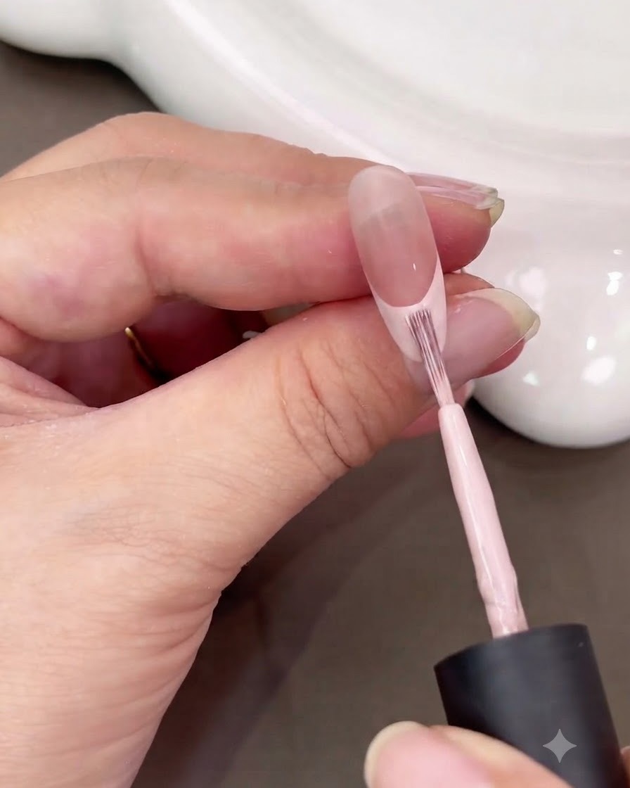Un pinceau lissant et remplissant une French tip rose sur un ongle en amande.