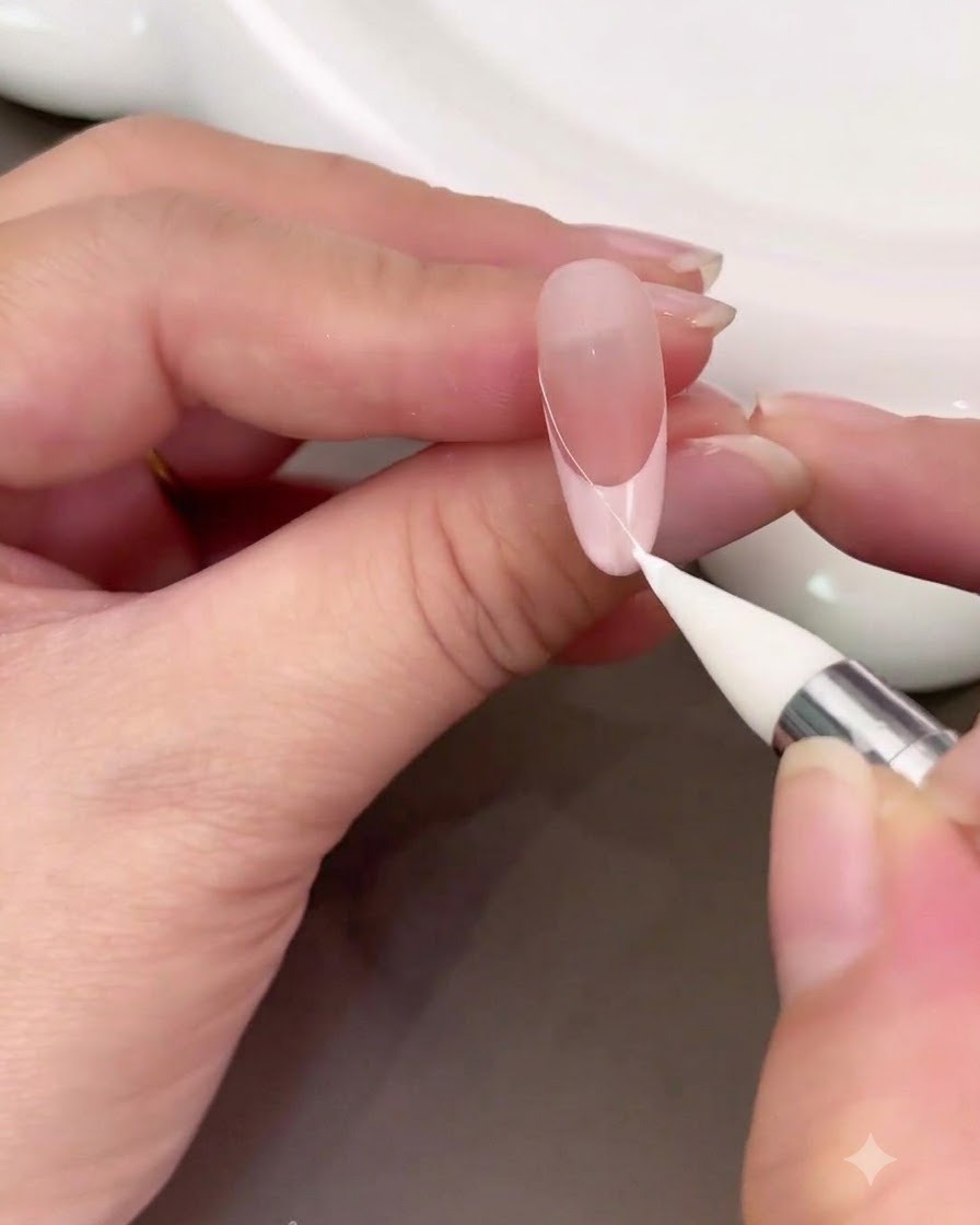 Un outil de précision appliquant un arc fin en gel filaire blanc le long du bord dune manucure française.