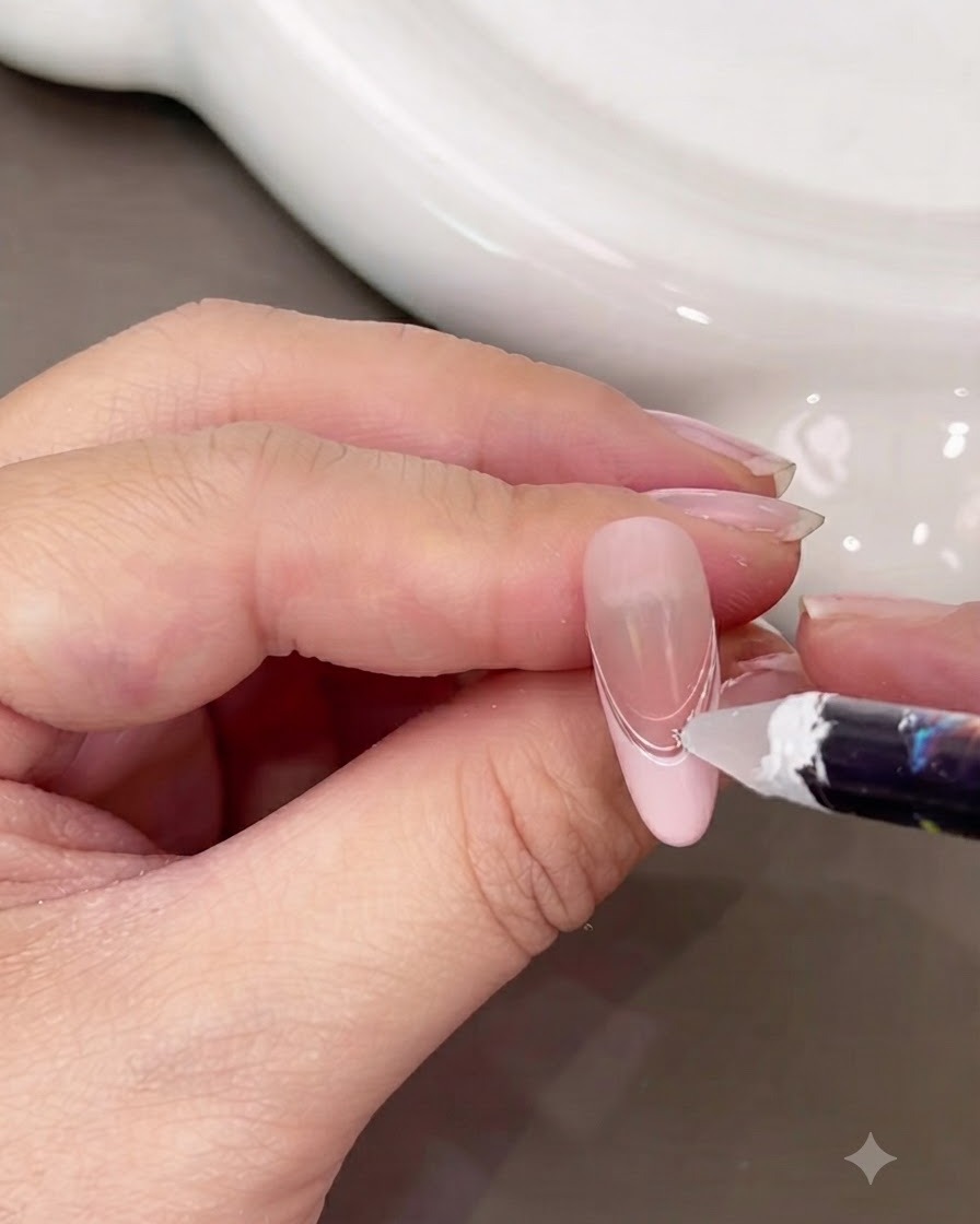 Une pince à épiler plaçant une petite perle et un strass sur la courbe dun ongle décoré.