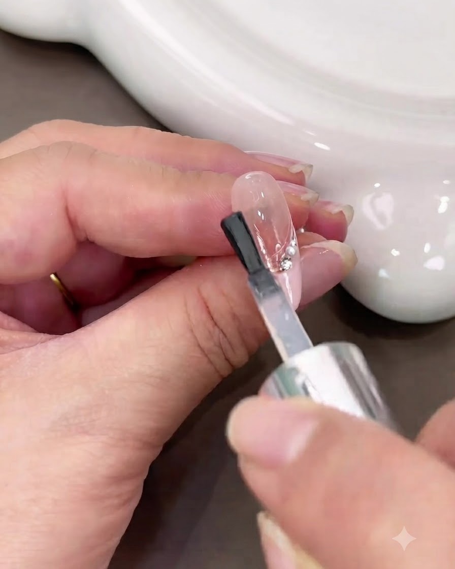 Un pinceau appliquant un top coat transparent et brillant sur un design dongle French tip fini et orné de perles et de strass.