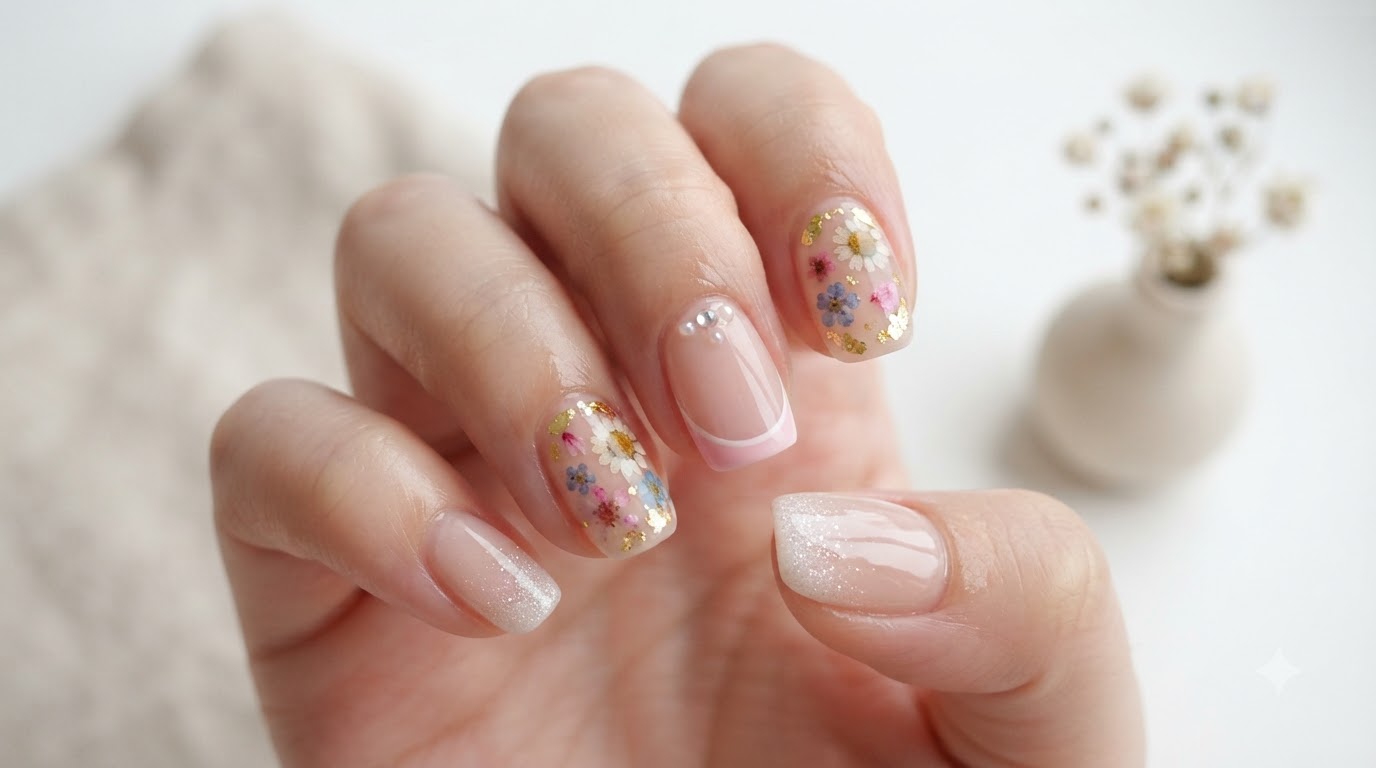 Gros plan dongles en gel sur le thème du printemps avec des bases nude brillantes, des dégradés scintillants, des French tips et des fleurs séchées incrustées avec de la feuille dor.