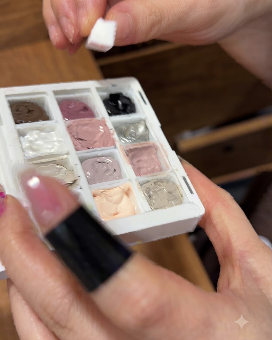 Gros plan sur un bloc éponge prélevant du gel de tapotage rose clair sur une palette multicolore.