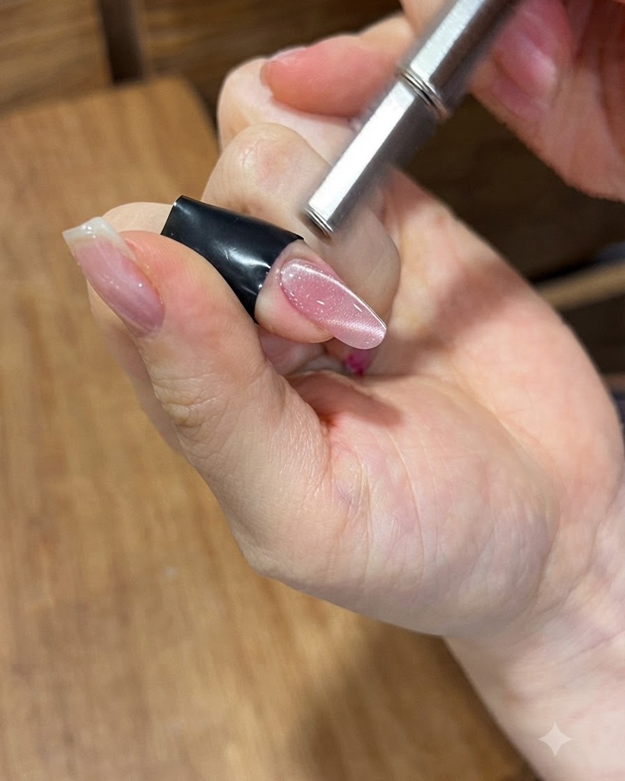 Un bâtonnet aimanté cylindrique tenu près dun ongle en gel cat-eye rose pour concentrer la lumière magnétique scintillante.