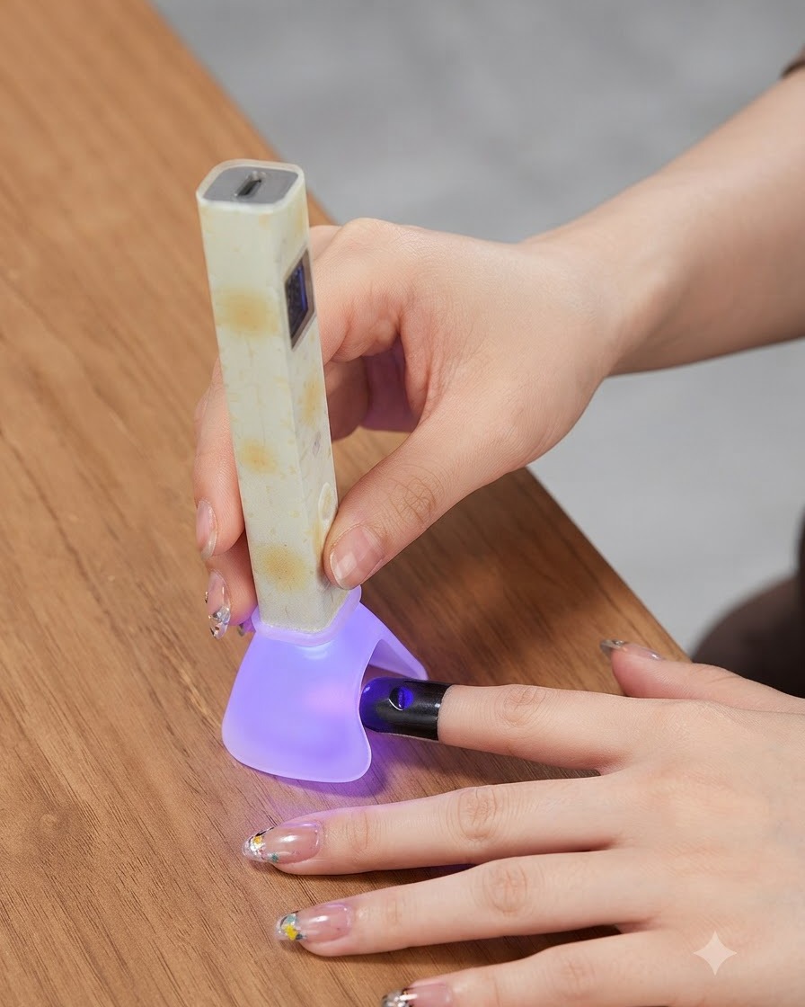 Un pinceau fin pour nail art appliquant une minuscule goutte de gel transparent sur le bout dun doigt manucuré.