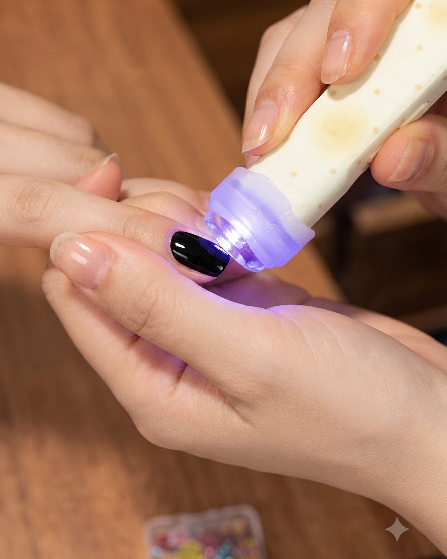 Un pinceau appliquant du gel de construction transparent et fortifiant sur la surface dun ongle décoré avant la catalyse.