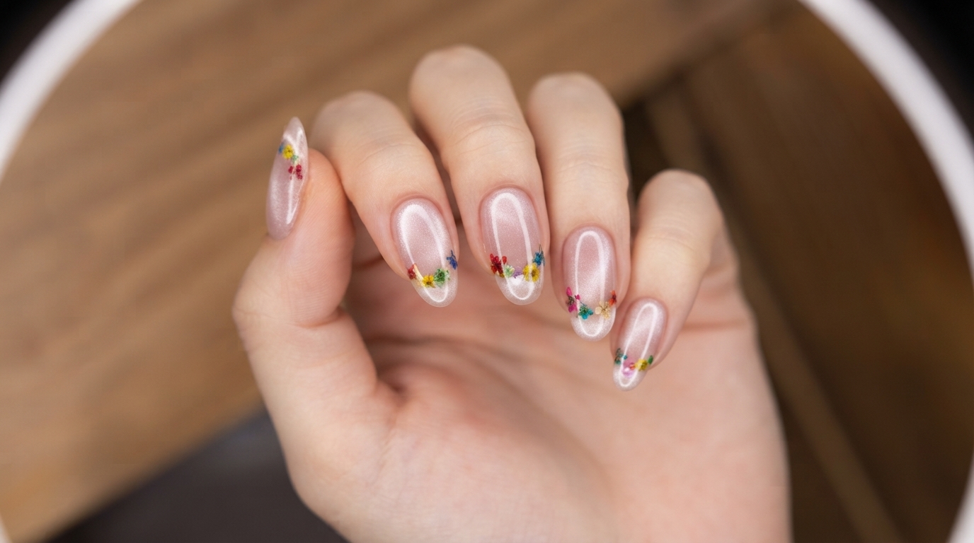 Ongles French et Fleurs Séchées avec Gel Cat Eye Magnétique