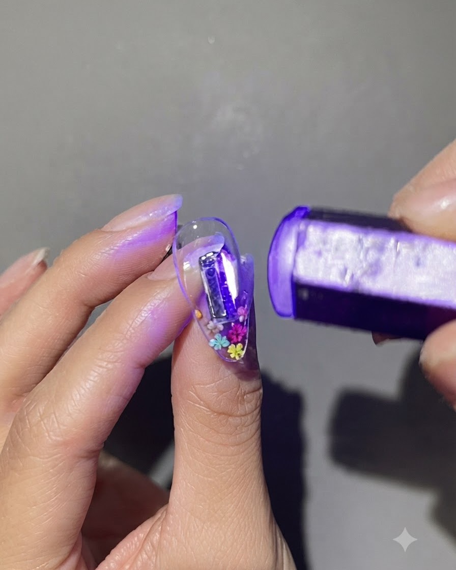 Une lampe UV/LED violette portable effectuant une pré-catalysation sur un ongle transparent décoré de minuscules fleurs séchées colorées.