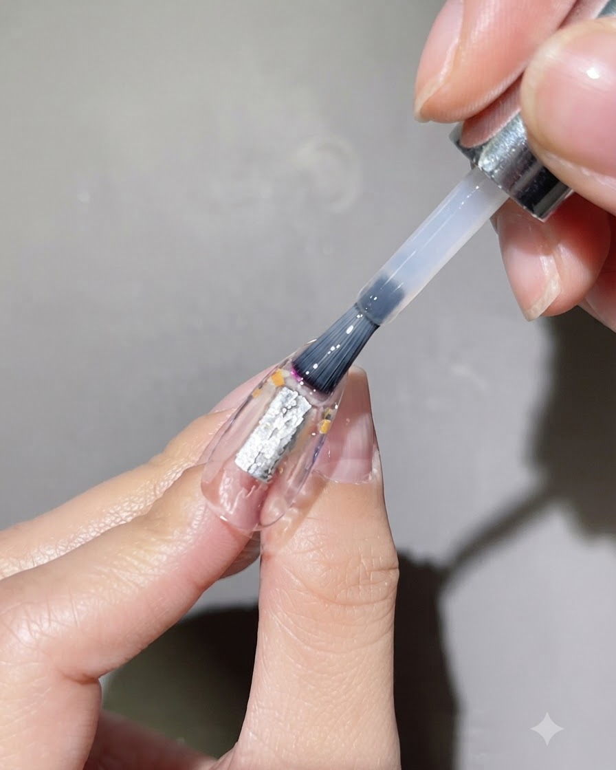 Un pinceau appliquant une couche épaisse de gel de modelage transparent sur un ongle décoré de fleurs séchées incrustées.