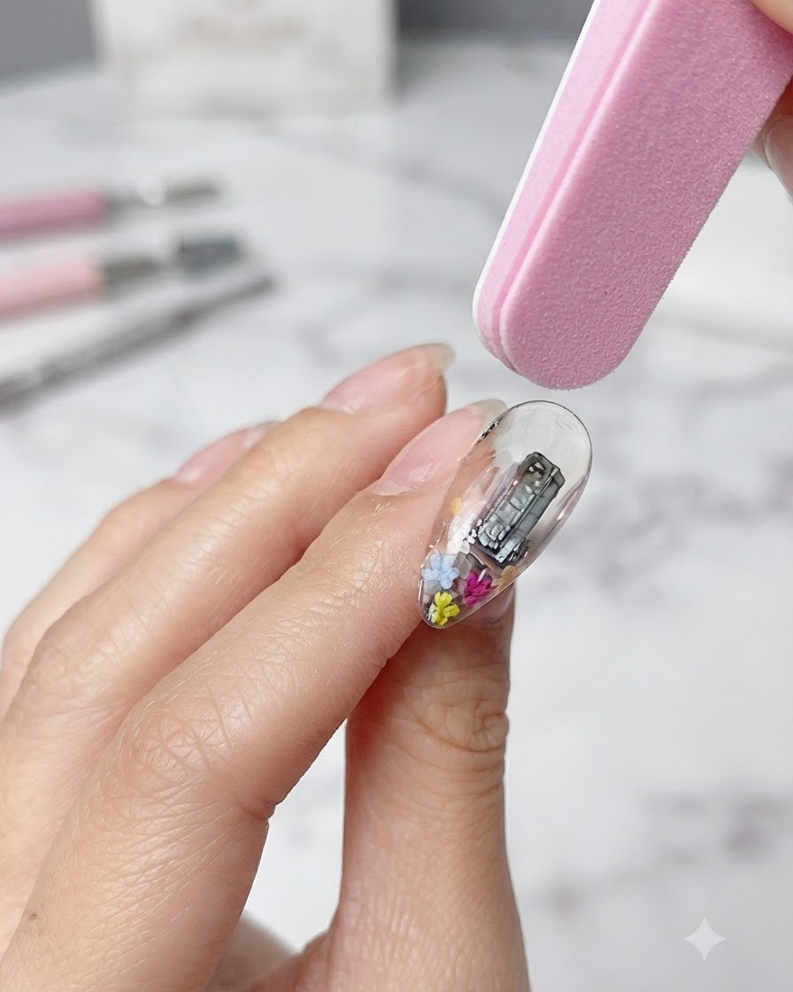 Une lime bloc-polisseur rose adoucissant délicatement la surface transparente dun ongle en gel pour éliminer les imperfections.