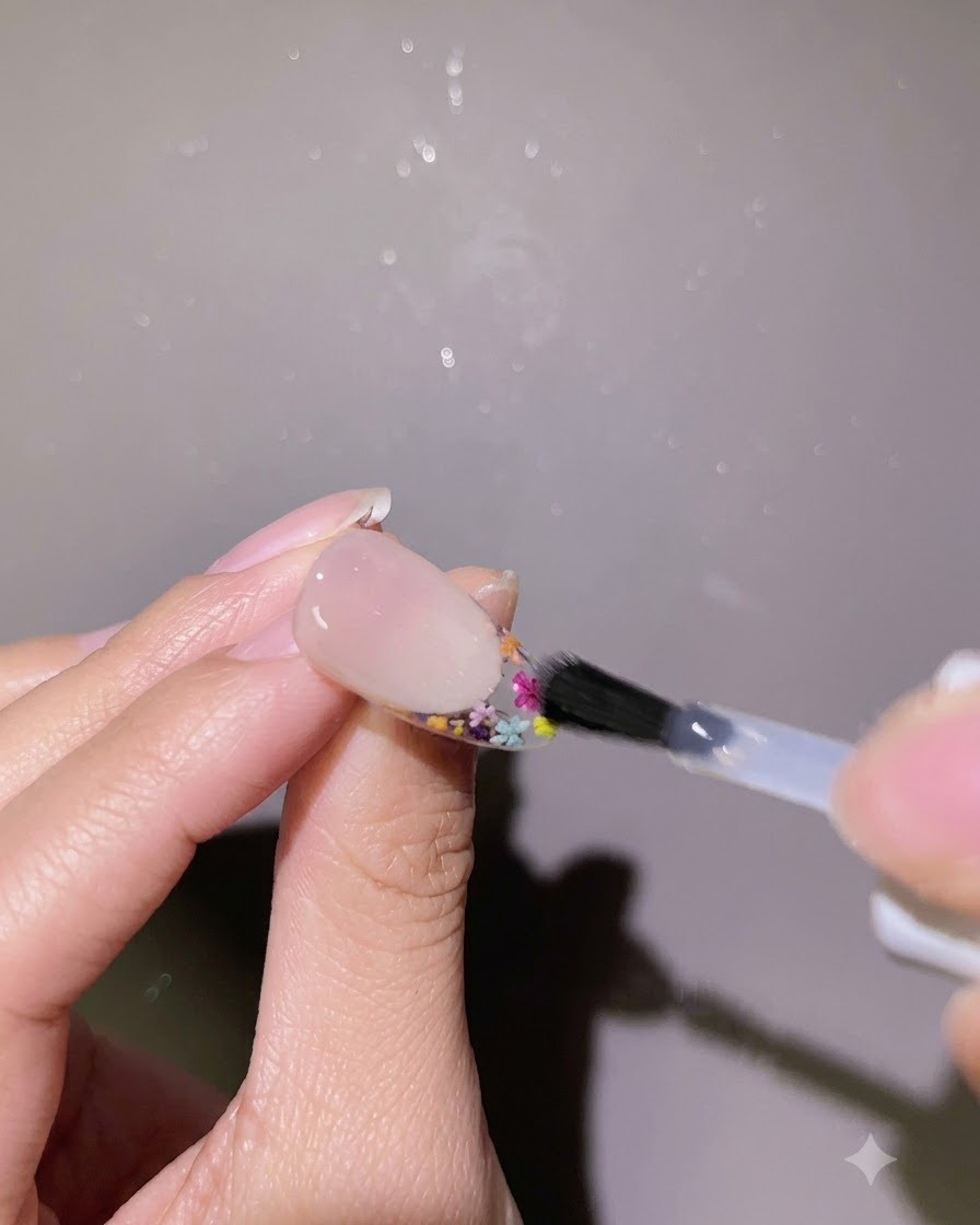 Un pinceau appliquant une couche de gel de renforcement transparent autour des contours dun design dongle terminé.