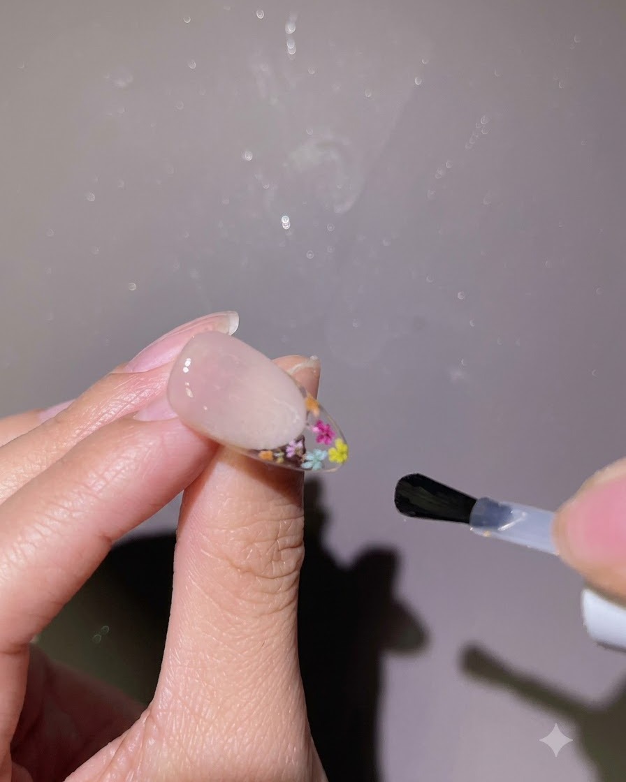 Un pinceau appliquant un top coat brillant sur toute la surface dun ongle fini.