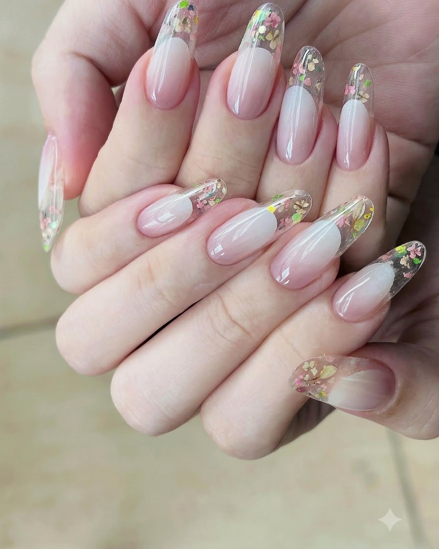 Un pinceau à dégradé effleurant et étirant doucement le vernis gel nude vers le bas sur la surface de longle.