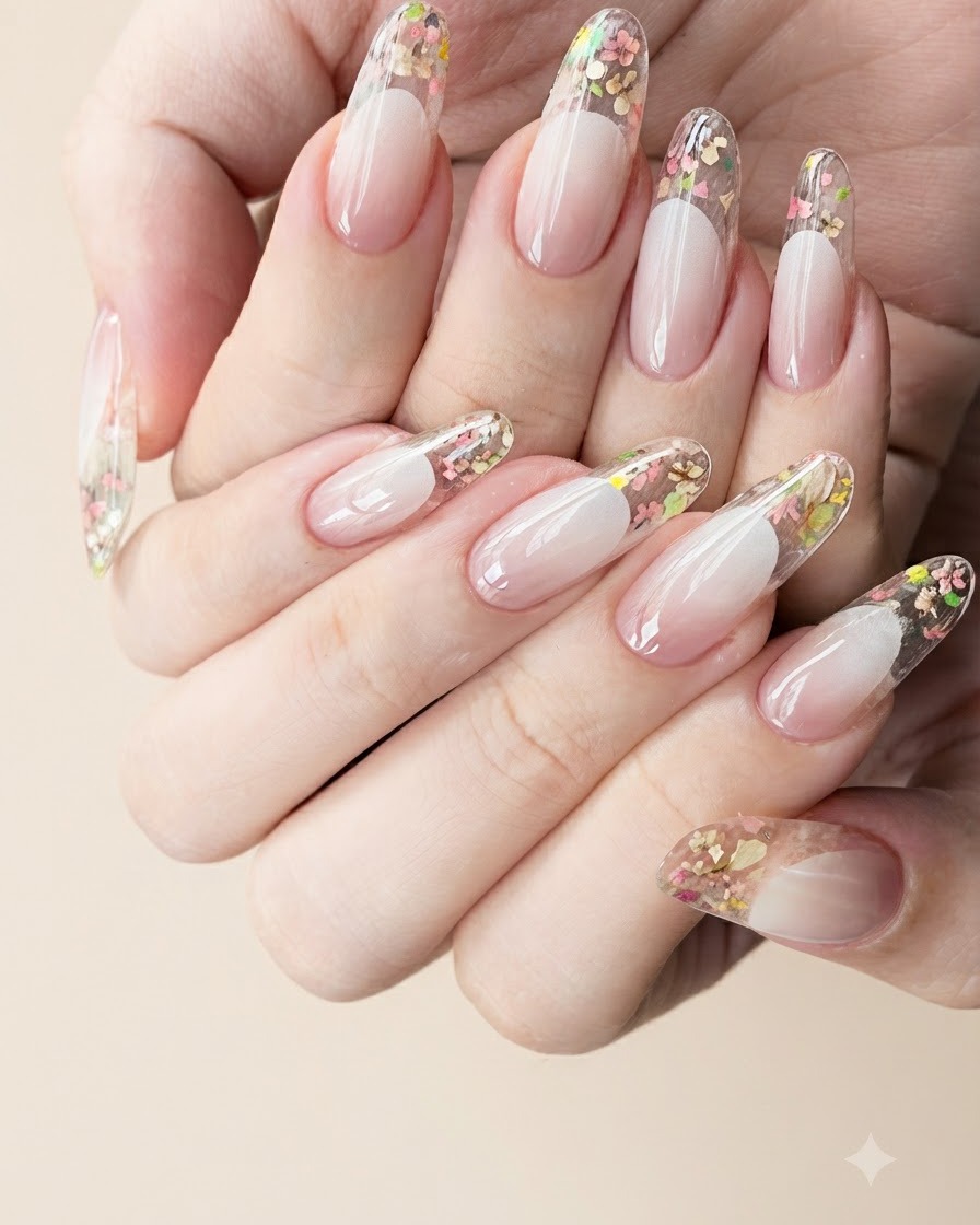 Une pince à épiler fine plaçant de minuscules morceaux de fleurs séchées multicolores sur la pointe enduite de gel humide dun ongle transparent.