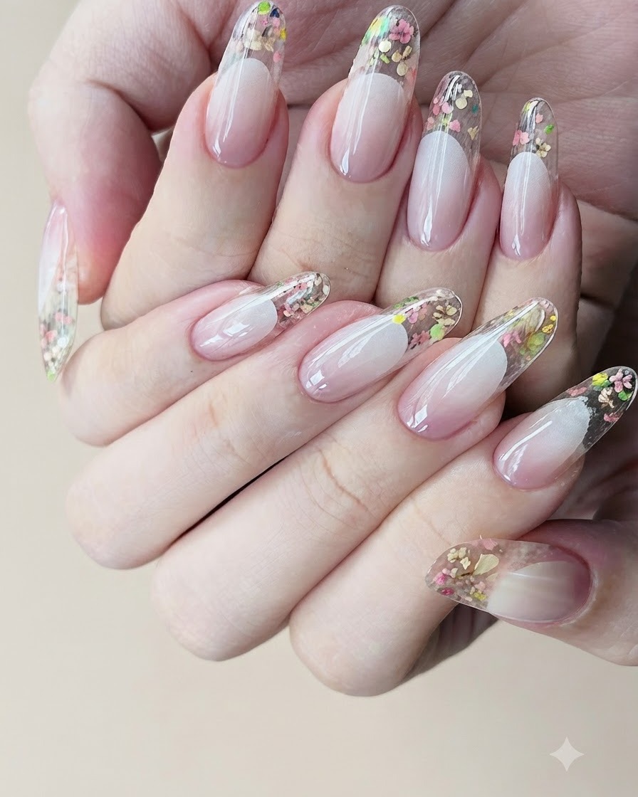 Un pinceau à ongles appliquant un top coat brillant sur la surface supérieure et sous la pointe de lextension transparente dun ongle fini.
