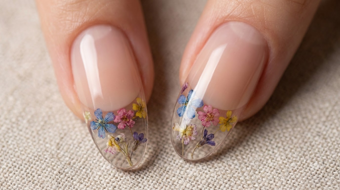 French Manucure Inversée aux Fleurs Séchées Transparentes — Tutoriel Étape par Étape