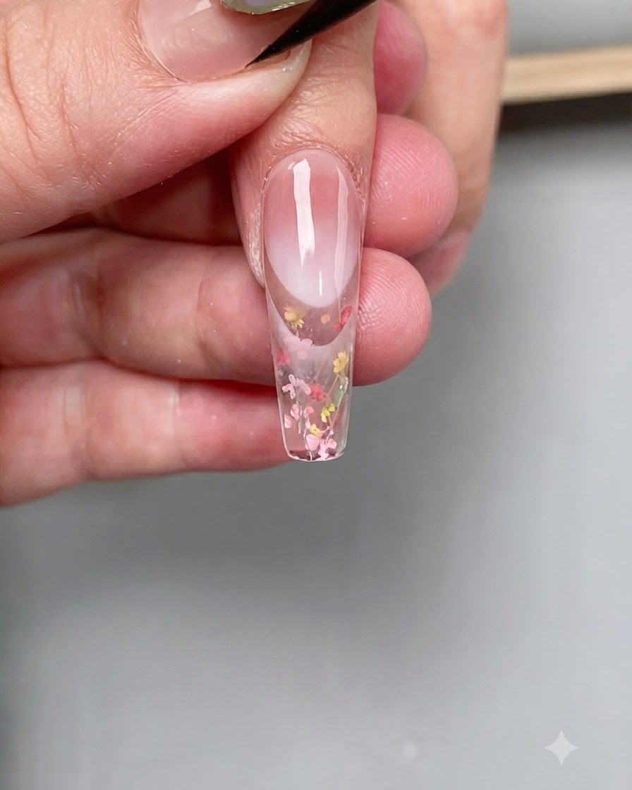 Un onglet positionné sous une lampe à ongles UV pendant le processus de polymérisation.