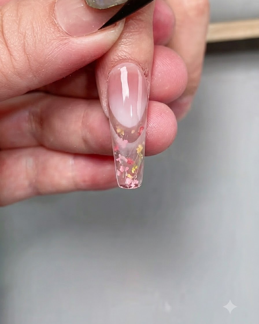 Un ongle positionné sous une lampe de polymérisation professionnelle UV/LED pour fixer le top coat sur le bout.