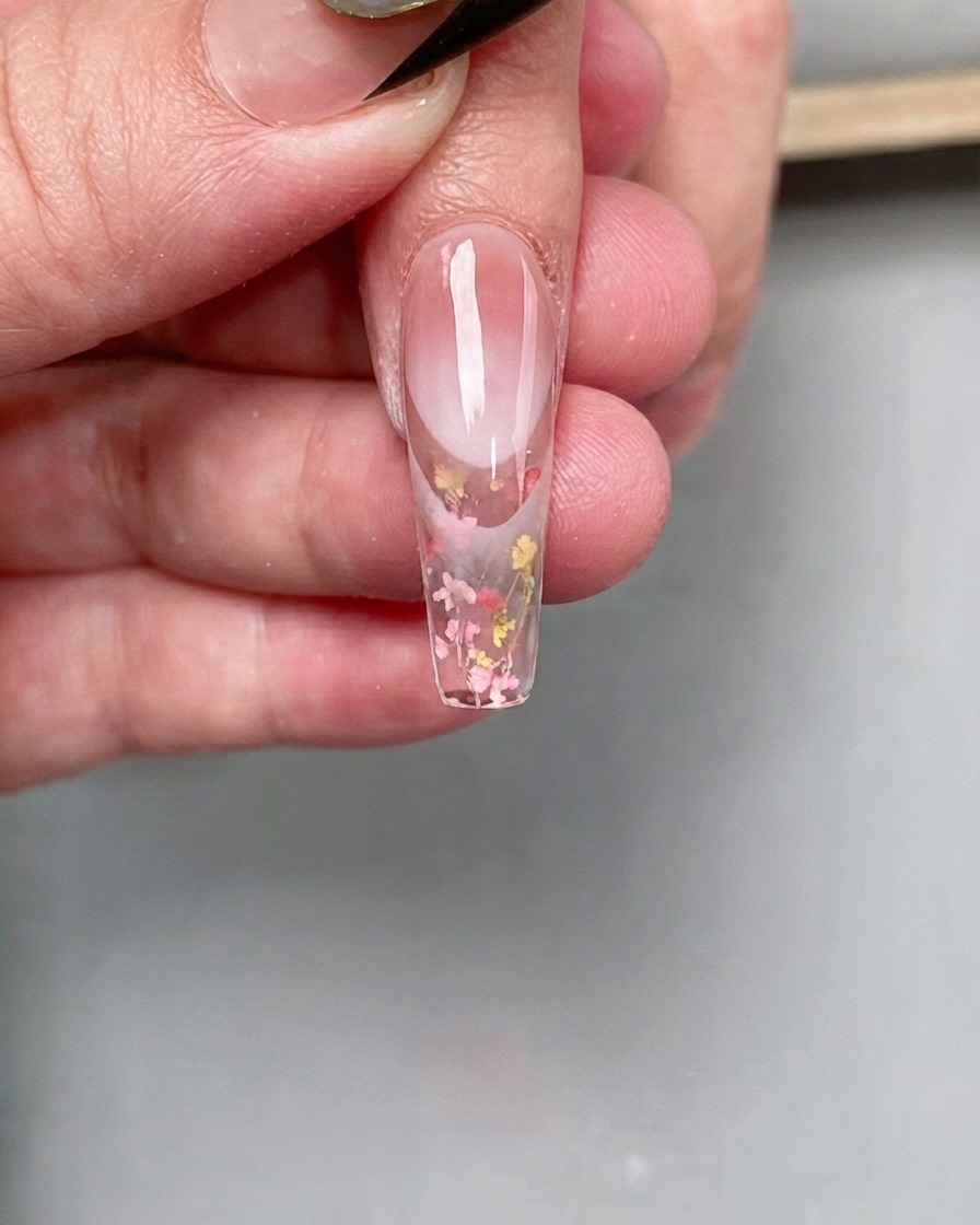 Un pinceau appliquant un top coat transparent spécial sur un long ongle en forme de cercueil incrusté de fleurs séchées colorées.