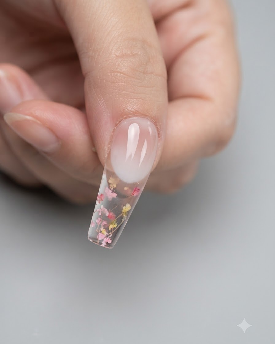 Un embout éponge tamponnant et frottant de la poudre pigmentée sur le bout dun ongle pour créer un effet ombré.