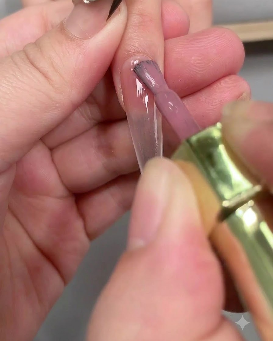 Un pinceau appliquant une base transparente uniformément sur toute la surface dun long ongle en forme de cercueil.
