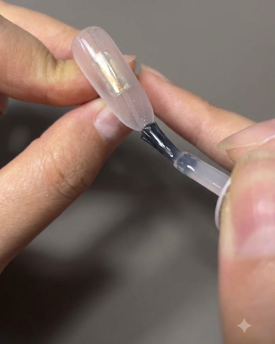 Un pinceau étirant et balayant le vernis gel de haut en bas sur un ongle en amande pour créer un effet ombré.