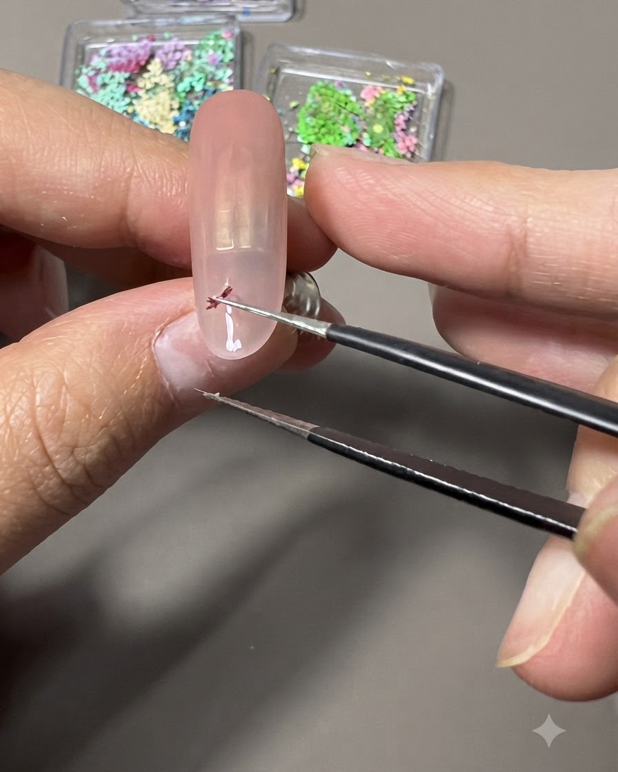 Une pince de précision positionnant de minuscules fleurs séchées colorées en ligne incurvée sur un ongle.