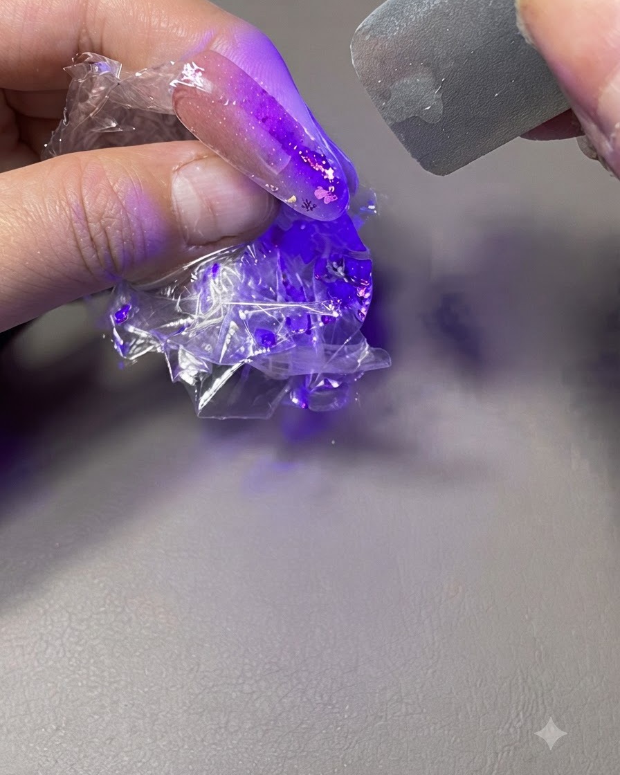 Une main maintenant un ongle enveloppé dans du film plastique sous une lampe UV/LED violette.