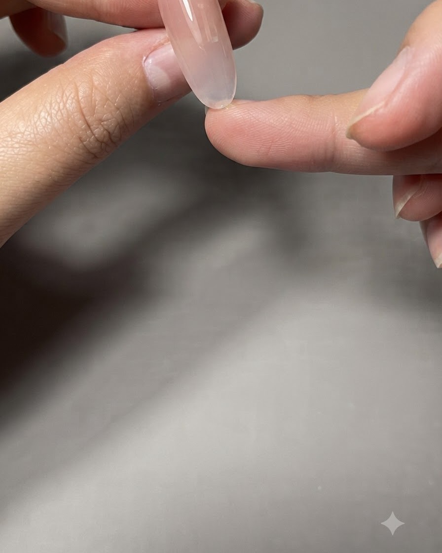Gros plan dune main appliquant du gel de renforcement sur un ongle de couleur nude.