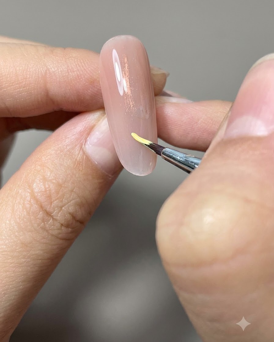 Un pinceau fin traçant une petite forme de parenthèse jaune sur un ongle nude.