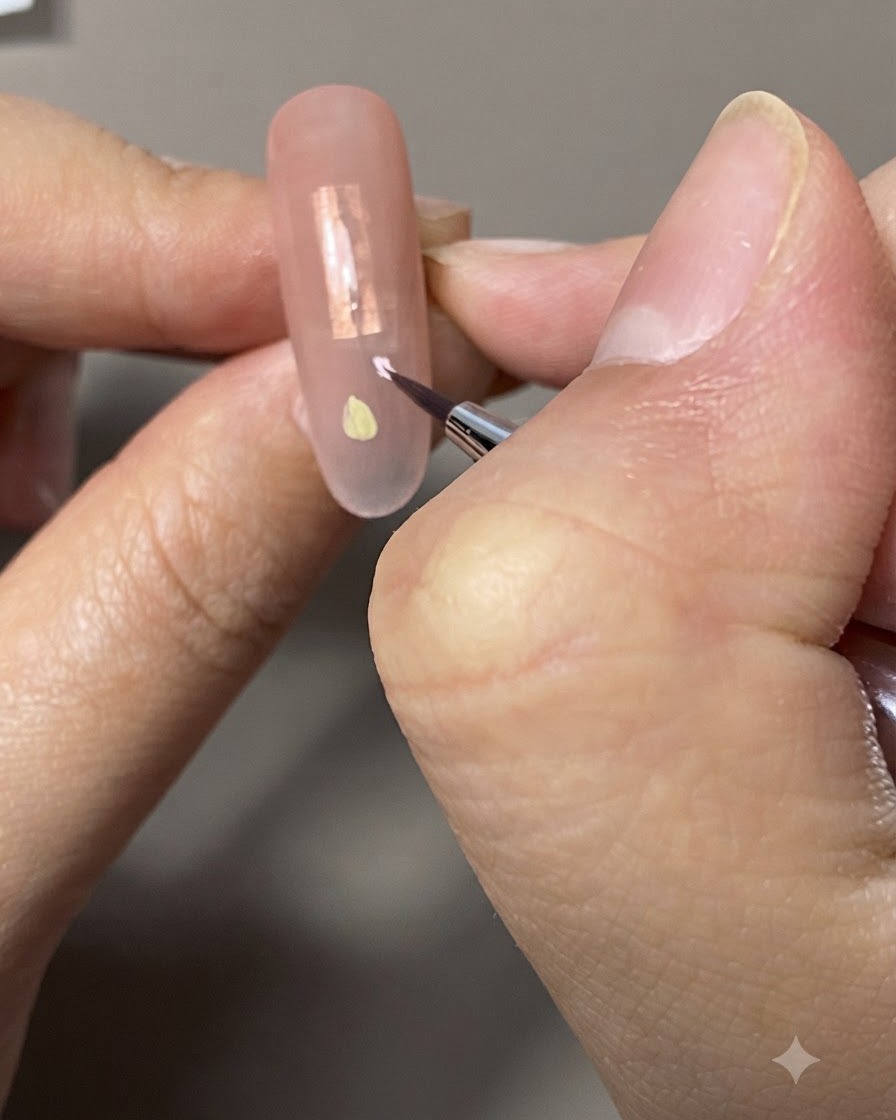 Vue rapprochée dun pinceau fin appliquant du gel rose à lintérieur du contour dune tulipe sur un ongle aux tons neutres.