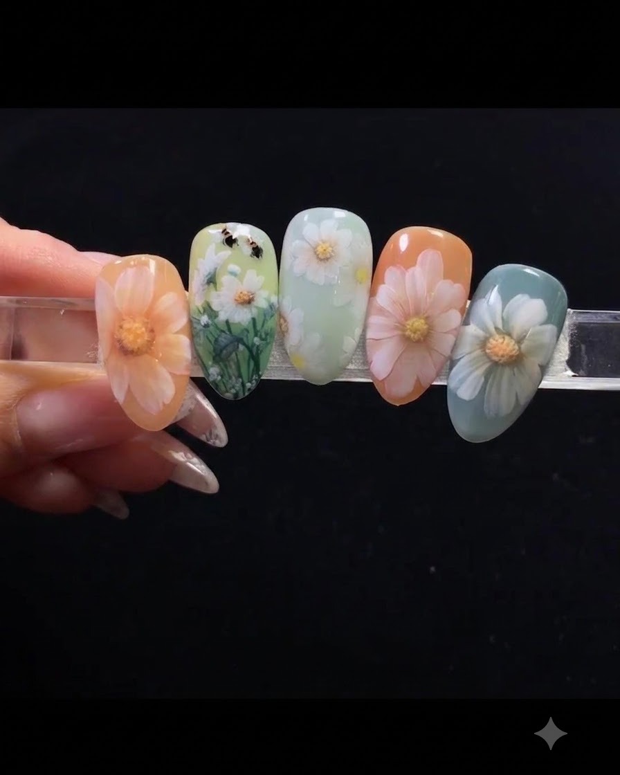 Un pinceau de détail déposant de petits points de gel blanc sur un onglet coloré pour tracer les pétales de la marguerite.