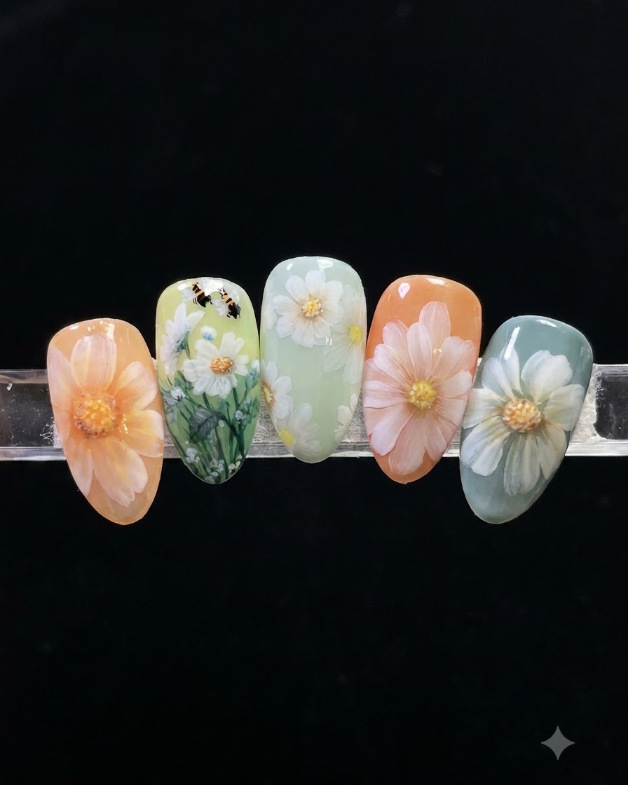 Un pinceau de nail art pressant et étirant délicatement le gel blanc vers lintérieur pour former des pétales de fleurs effilés.