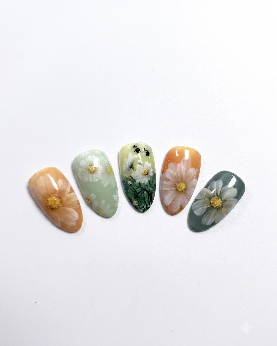 Une main soignée avec un nail art marguerite fraîchement peint placé sous une lampe de catalysation.