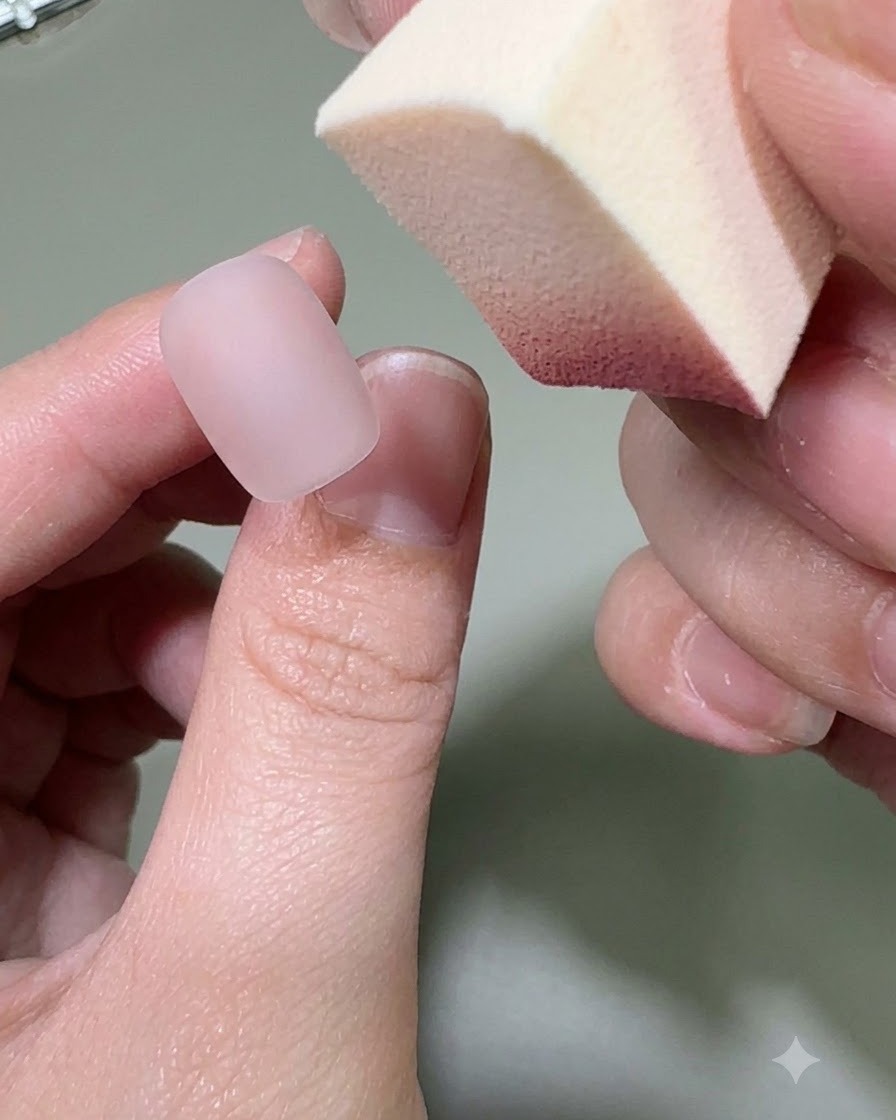 Une main tenant une éponge de maquillage appliquant du gel coloré rose sur la pointe dun ongle nude mat.