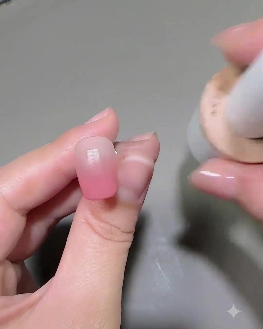 Un pinceau appliquant une couche de gel rose clair doux sur un ongle pré-dégradé.