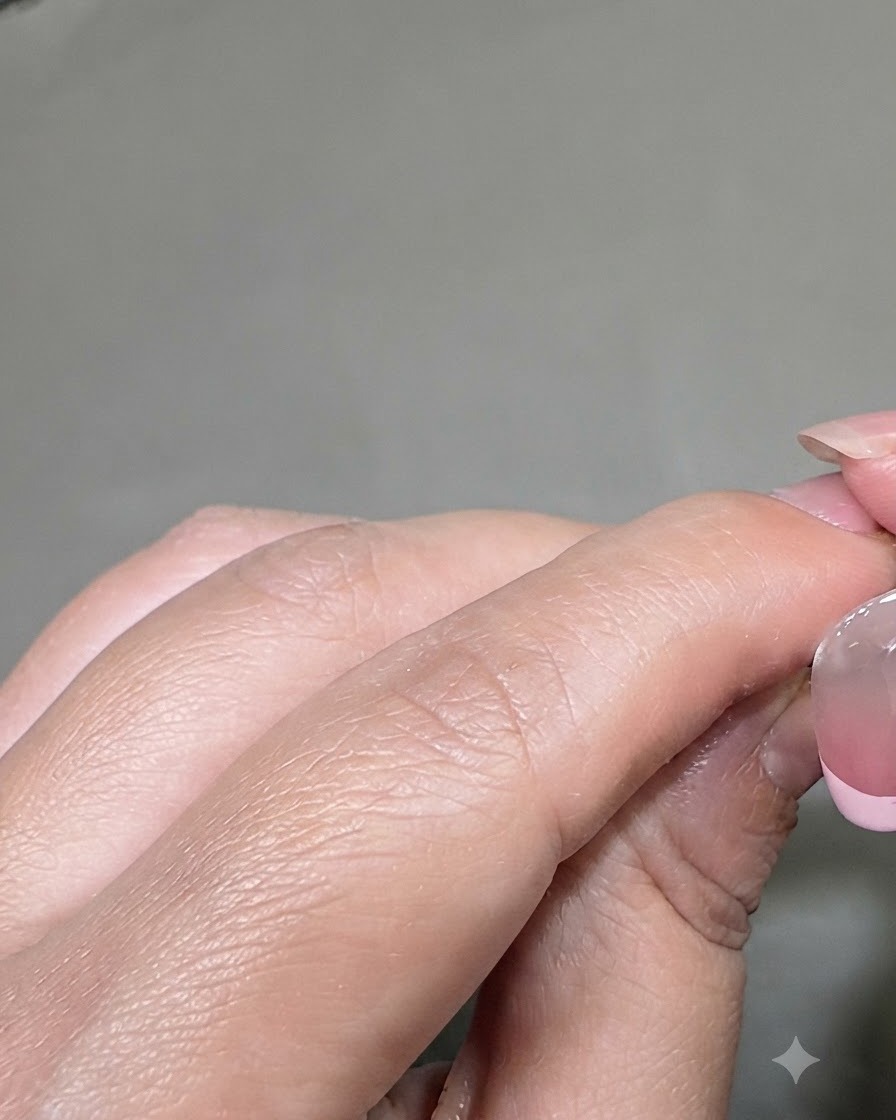 Un pinceau fin trace une ligne de vernis rose le long du bout dun ongle pour créer un effet de manucure française.