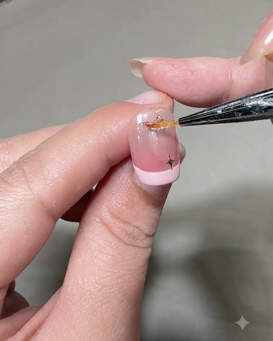 Un stylo de détail plaçant un petit strass transparent à côté dun autocollant étoile noire sur un ongle de manucure française rose.