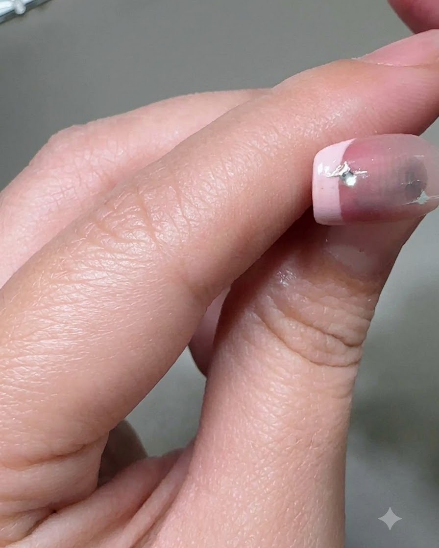 Vue rapprochée dun ongle scellé avec un top coat autour des strass et de lautocollant étoile.
