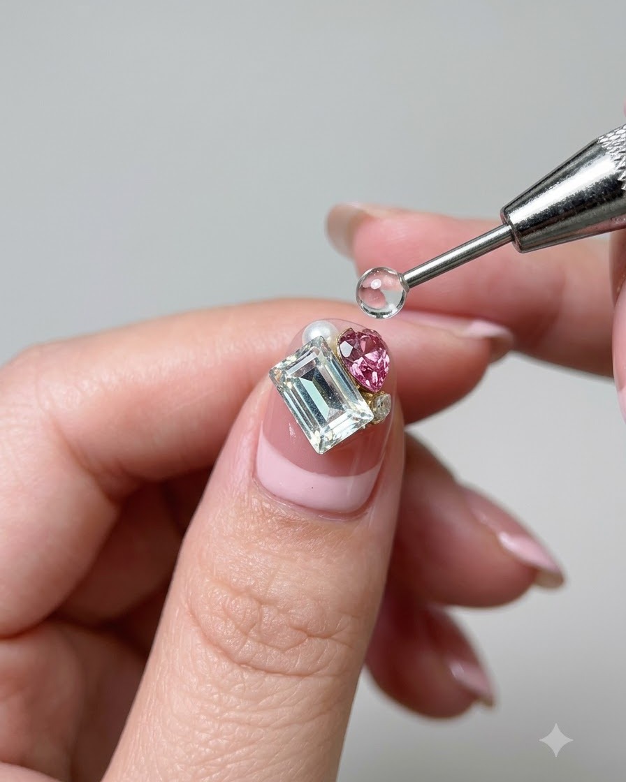 Un outil à pointer plaçant des éléments comme un cristal de cœur rose et une petite perle à côté dun grand diamant rectangulaire sur un ongle.