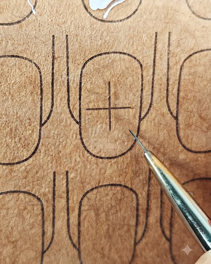 Vue rapprochée dun motif détoile guide blanche complété avec des lignes croisées sur une surface dongle dentraînement marron.