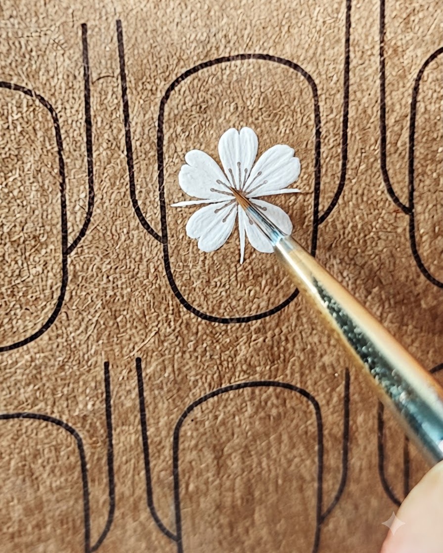 Un pinceau de nail art ajoutant plusieurs pétales blancs autour dun point central sur un modèle dongle.