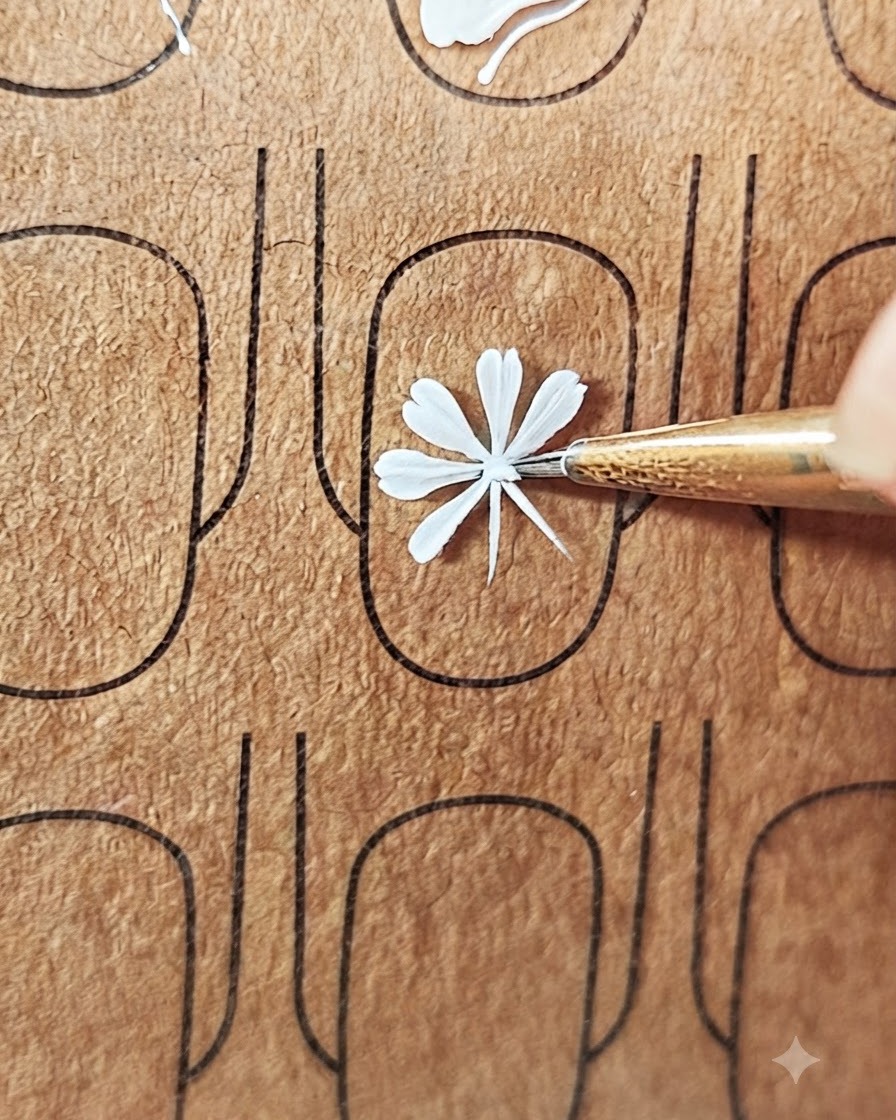 Gros plan dun pinceau de nail art peignant les derniers pétales dune marguerite blanche.