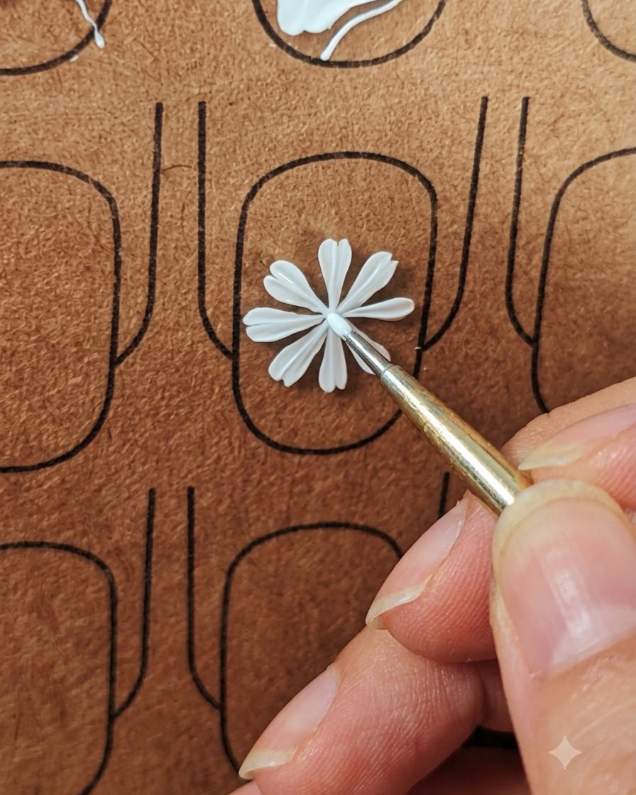 Un outil de dotting plaçant un petit point jaune au centre des pétales de marguerite peints en blanc.
