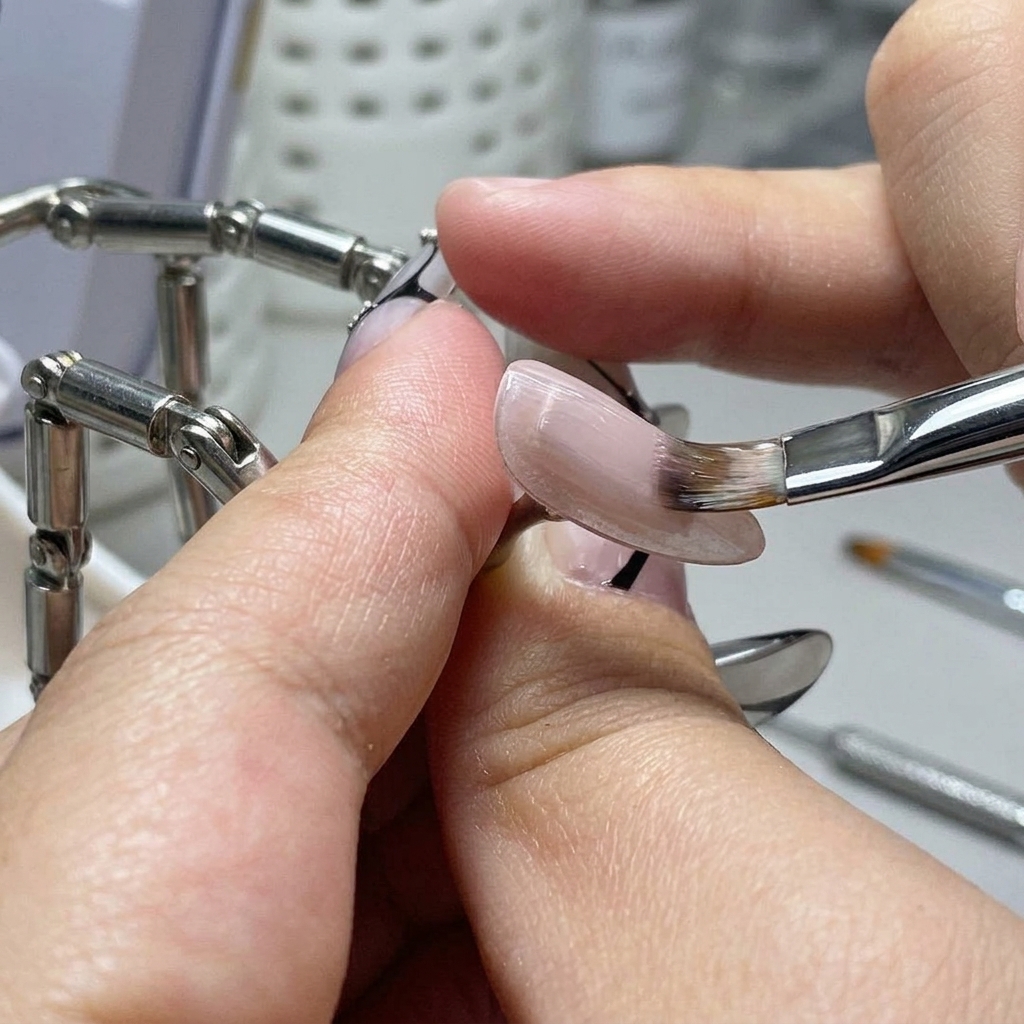 Une lingette imbibée dalcool nettoyant la couche collante dinhibition sur un ongle en gel catalysé.