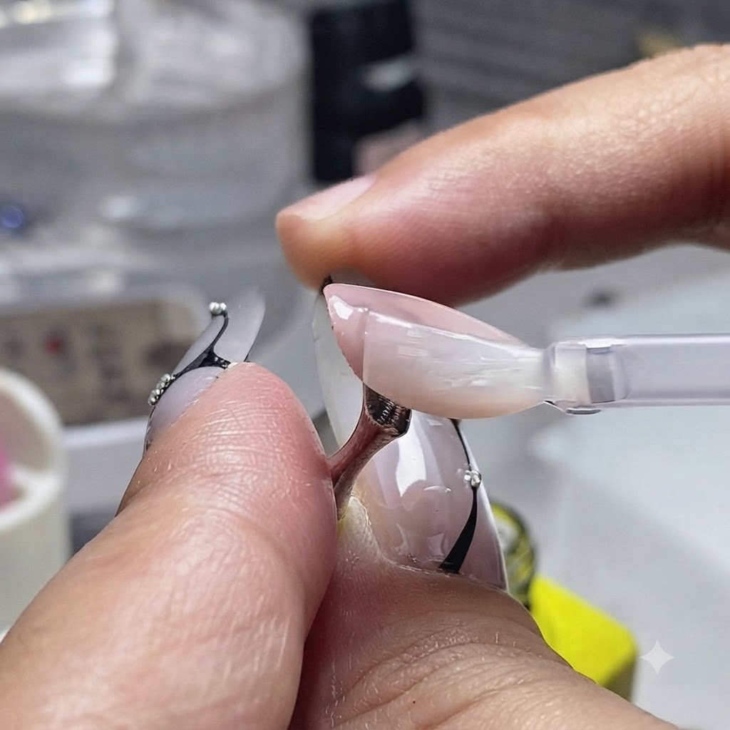 Deux doigts positionnés sous une lampe de catalysation pour ongles.