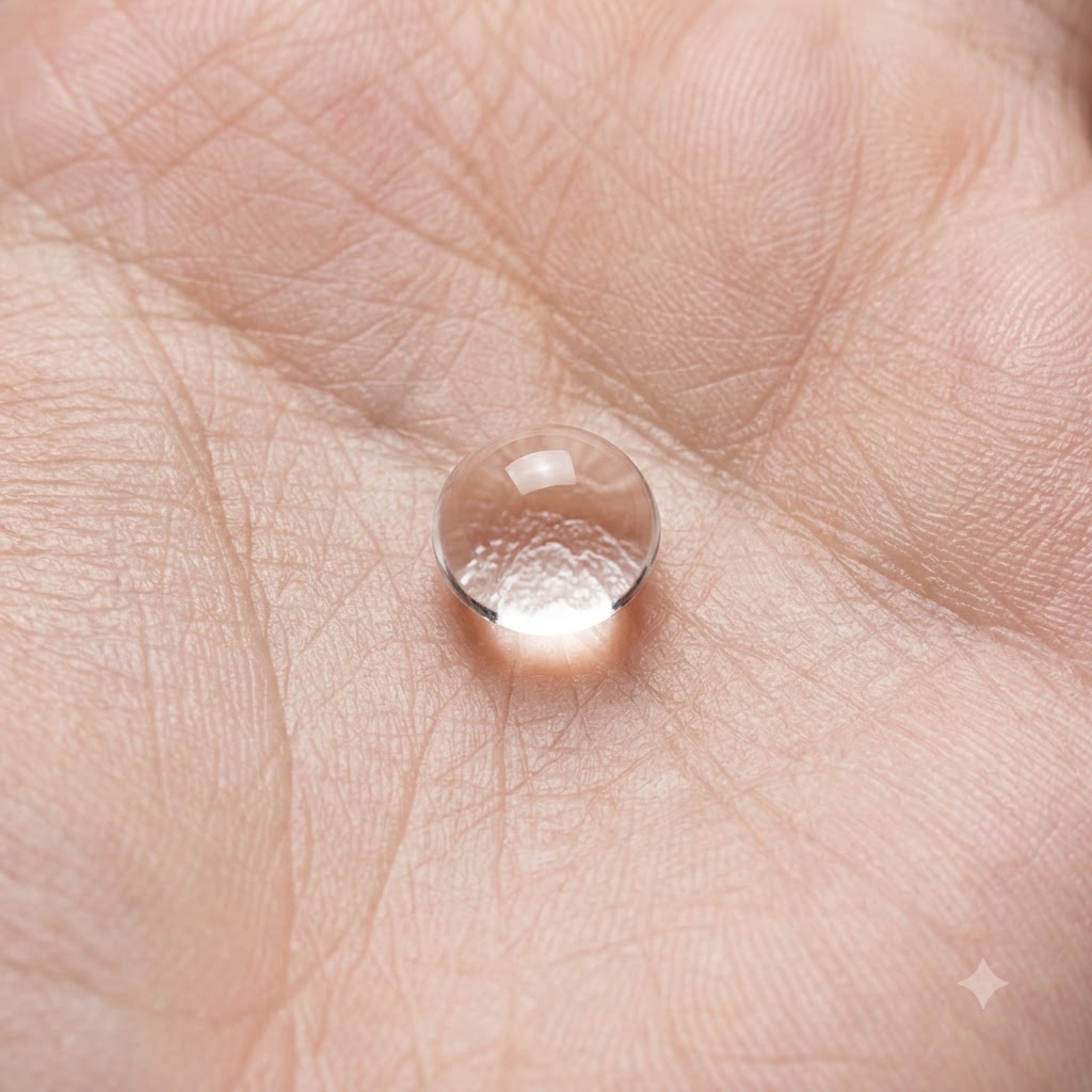 Une boule parfaitement ronde de gel soft candy transparent posée sur une surface de peau texturée.