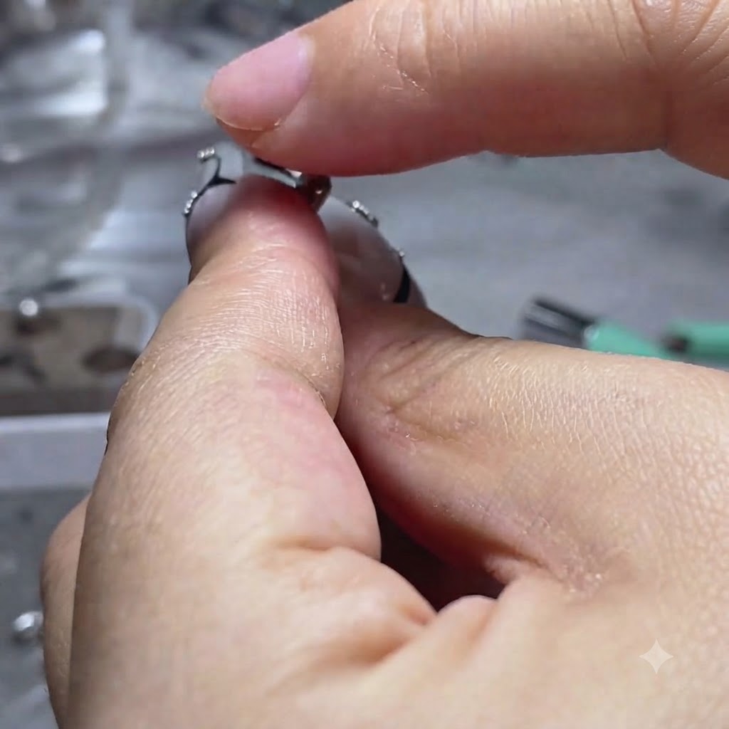 Un doigt pressant une boule de gel transparent sur la plaque dun ongle dentraînement.